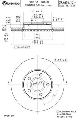   FORD FOCUS II/III/C-MAX 03-/VOLVO S40 04-  .D=278. 09A90510