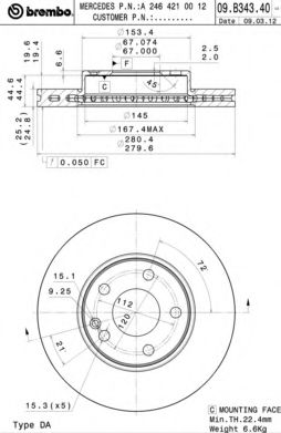   , MERCEDES-BENZ: A-CLASS A 160 CDI/A 180/A 180 CDI/A 180 CDI 12-, B-CLASS B 180/B 180 CDI 11- 09B34341 Brembo